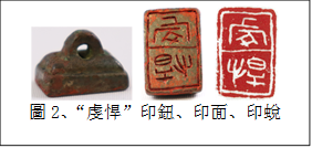      
圖2、“虔悍”印鈕、印面、印蛻
