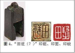        
圖4、“田逆（？）”印鈕、印面、印蛻
